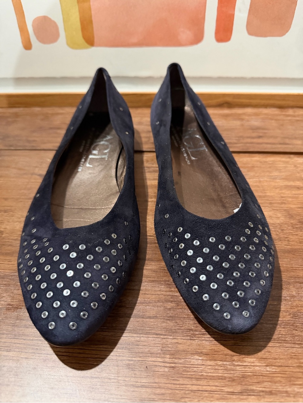 AGL Attilio Giusti Leombruni Navy Suede Ballet Flats EU 43 Grommet Studded Italy